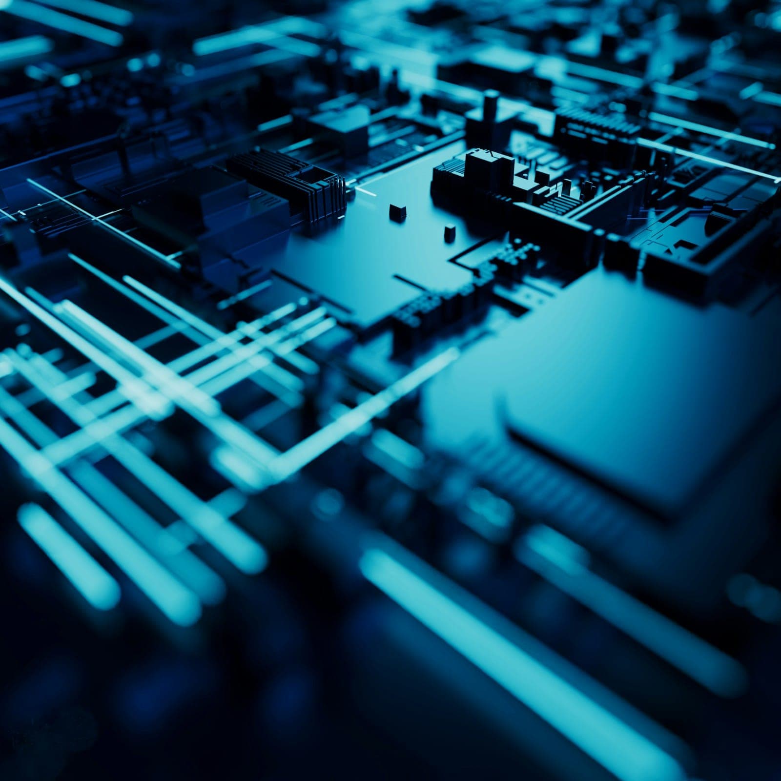 Close-up of a circuit board glowing blue
