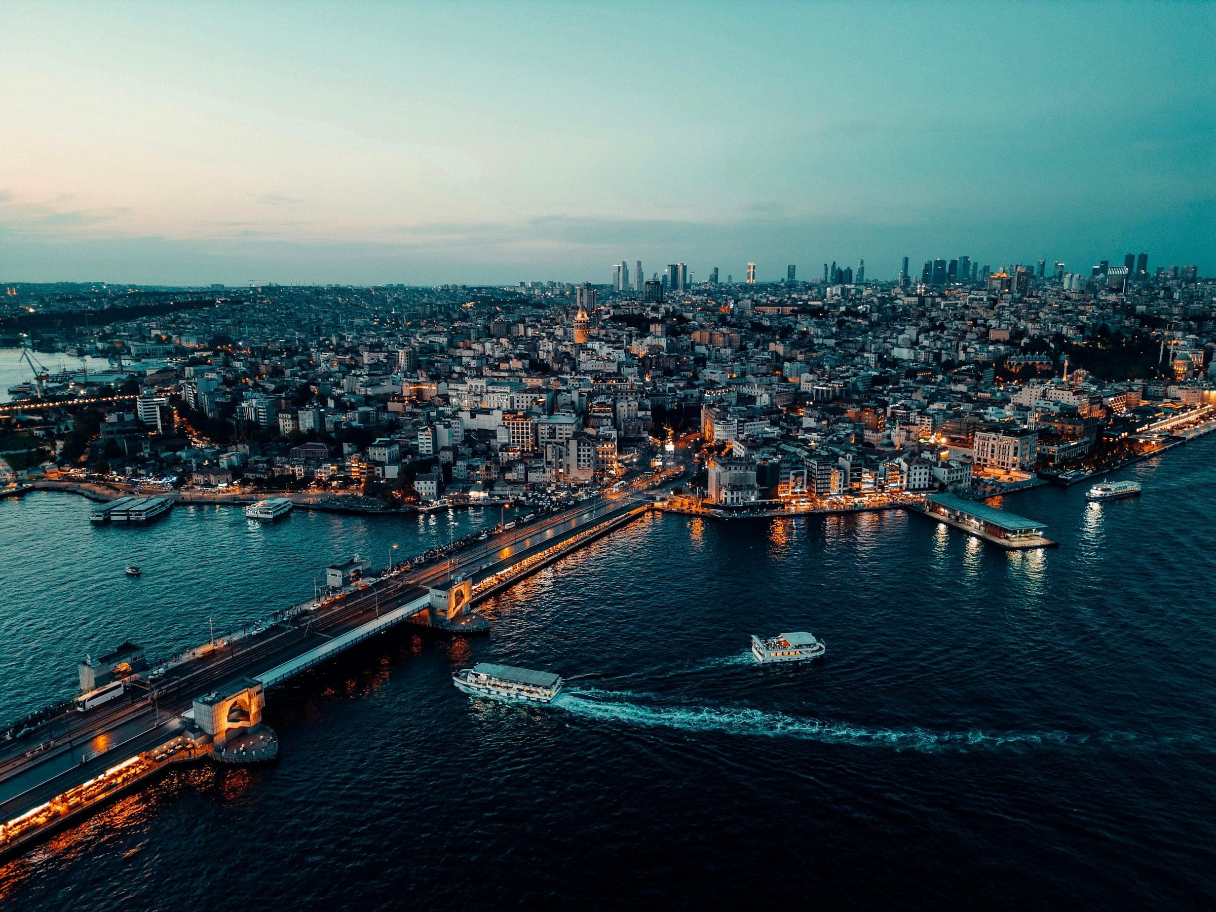 Aerial view of Istanbul's Golden Horn and Galata Bridge at dusk